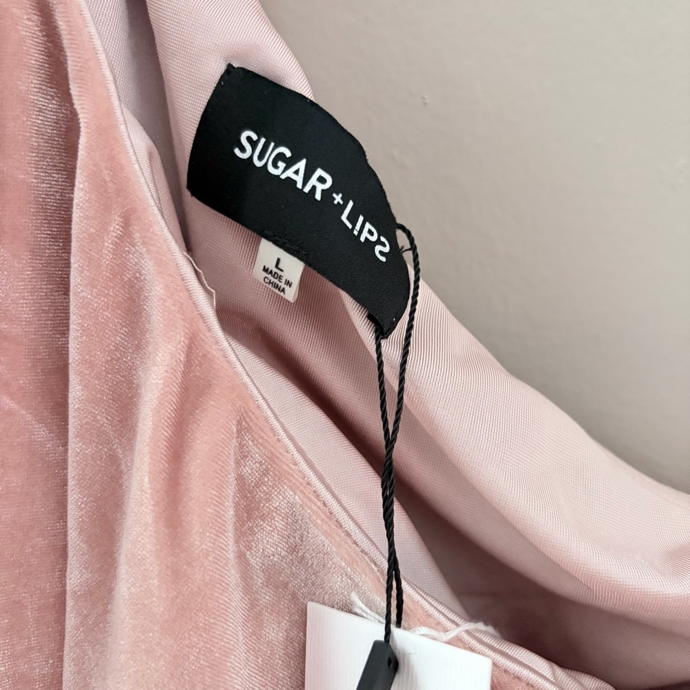 NWT Sugar + Lips Rose Pink Velvet One Shoulder Ruffle Mini Dress Size Large - Picture 3 of 8